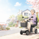 免許返納後の移動手段として電動モビリティで買い物に出かける高齢者のイメージ