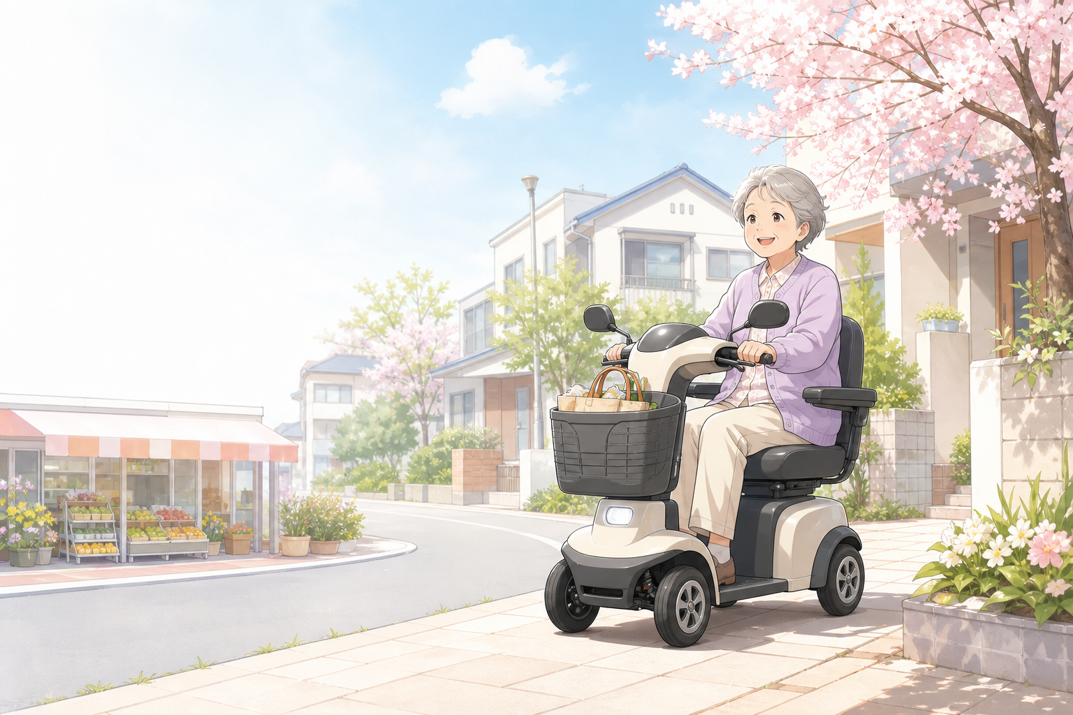 免許返納後の移動手段として電動モビリティで買い物に出かける高齢者のイメージ