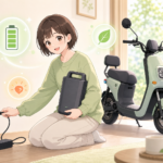 特定小型原付のバッテリーを充電しながらやさしく確認する人のイラスト