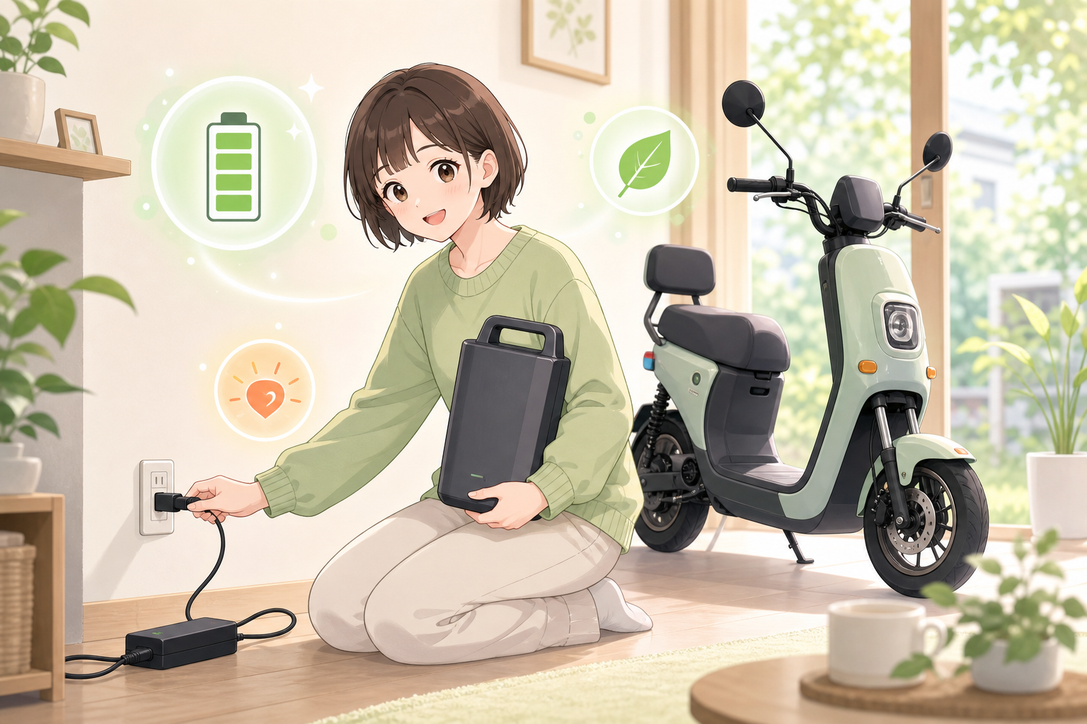 特定小型原付のバッテリーを充電しながらやさしく確認する人のイラスト
