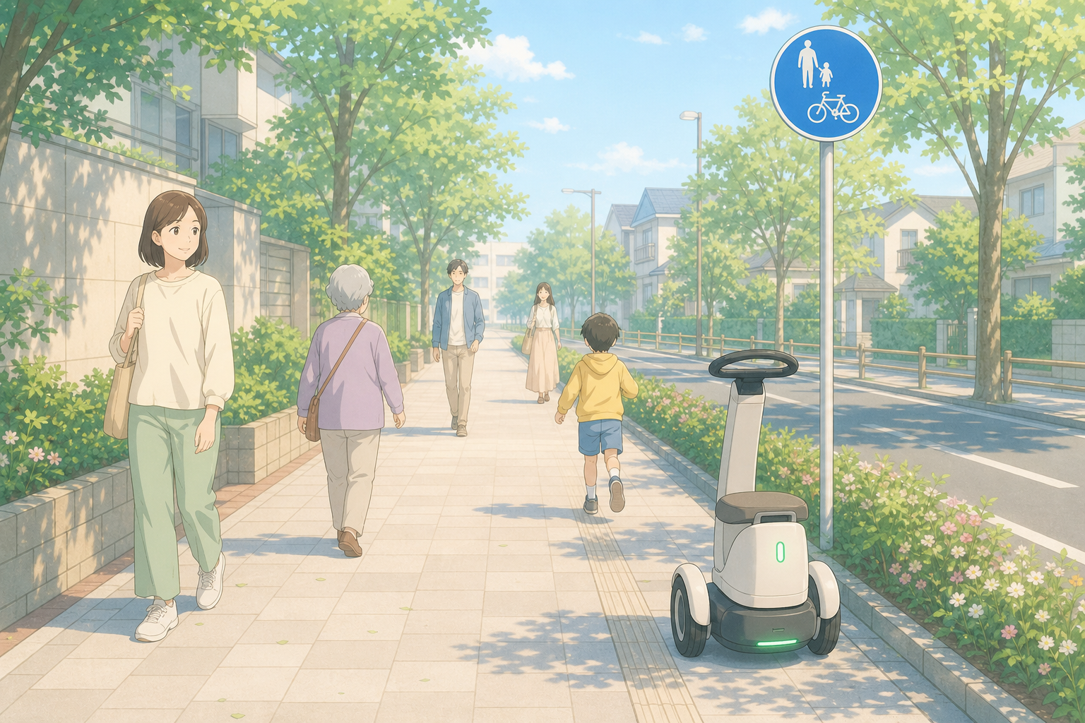 特定小型原付が歩道を6km/hモードでゆっくり走れる条件を表したイメージイラスト