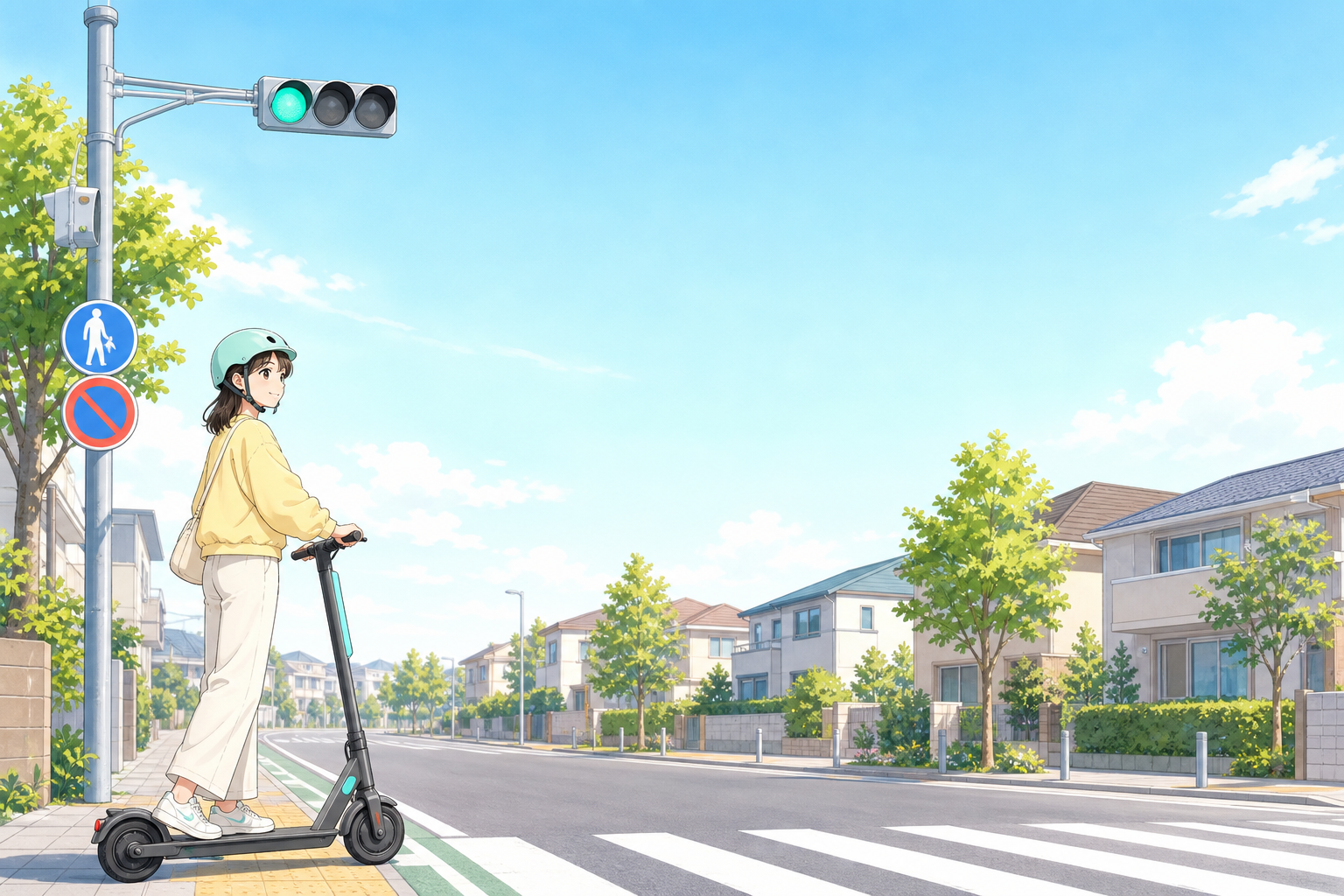 特定小型原付（電動キックボード）の交通ルールを守って安全に走る人をやさしく表したイラスト