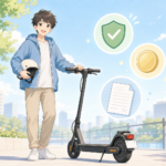 特定小型原付（電動キックボード）と自賠責保険・ナンバープレートをやさしく表したイラスト