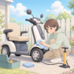 自宅前で着座型の特定小型原付を布で拭きながら日常点検する人物のパステル調イラスト