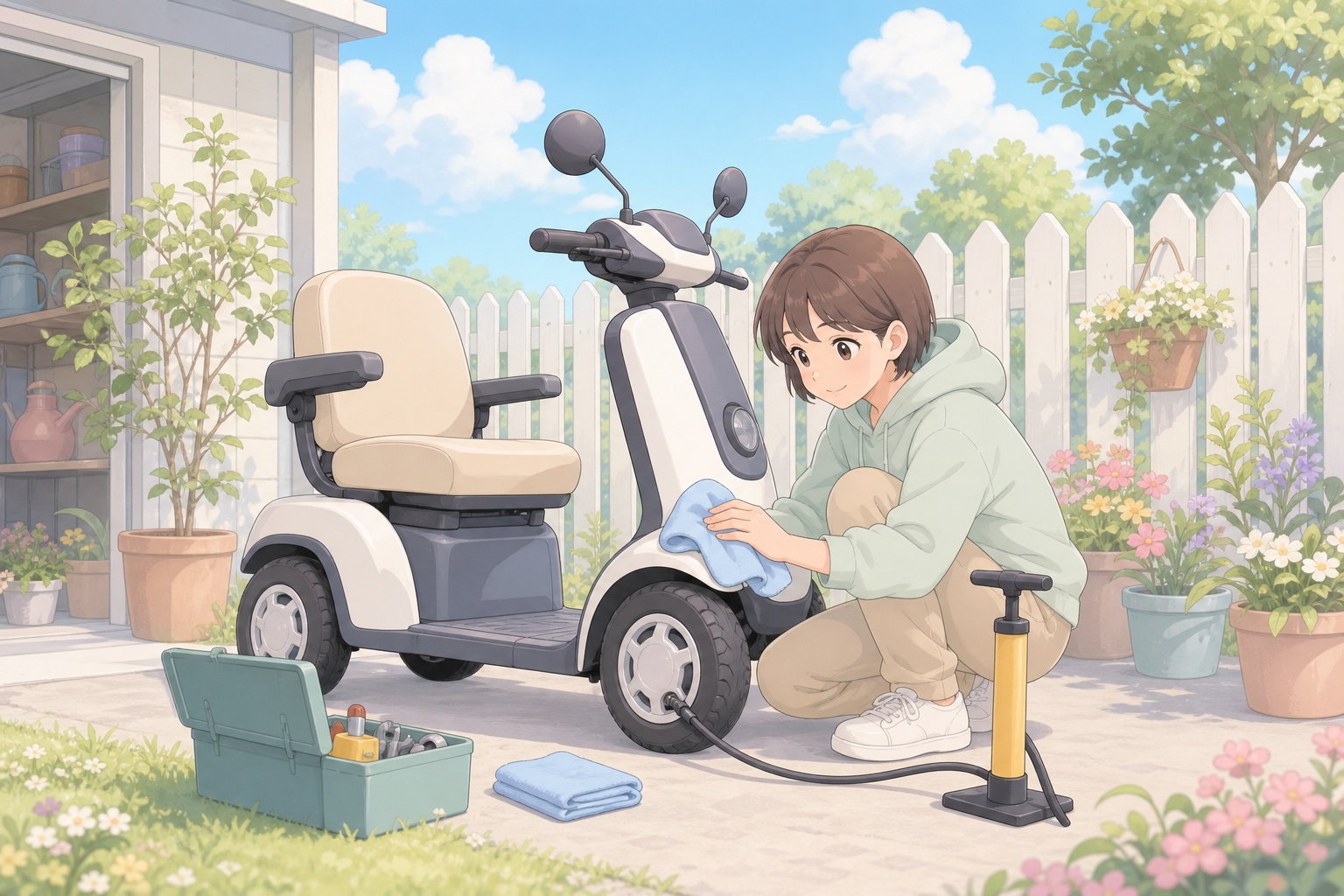 自宅前で着座型の特定小型原付を布で拭きながら日常点検する人物のパステル調イラスト