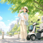 夏の青空の下で帽子をかぶり水分補給をしながら特定小型原付のそばに立つ人のやさしいイラスト