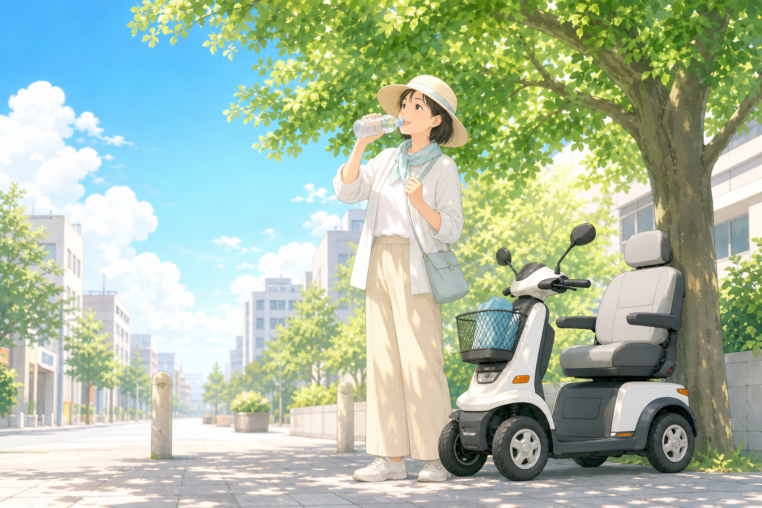 夏の青空の下で帽子をかぶり水分補給をしながら特定小型原付のそばに立つ人のやさしいイラスト