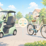 特定小型原付と電動アシスト自転車を並べて違いを比較するやさしいパステル調イラスト