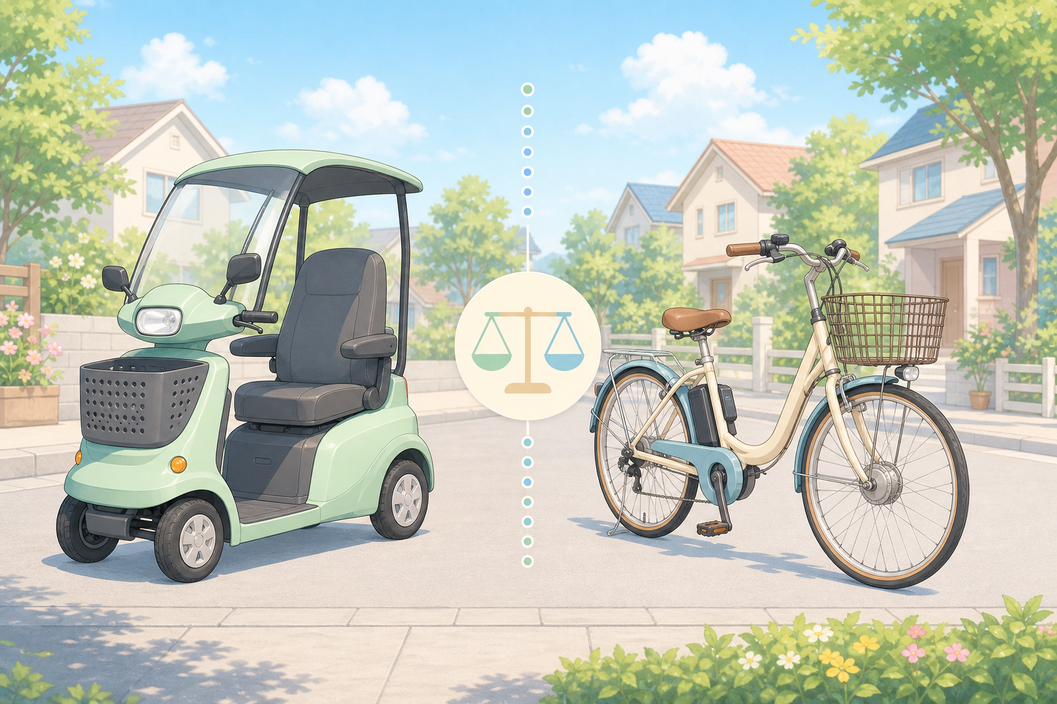 特定小型原付と電動アシスト自転車を並べて違いを比較するやさしいパステル調イラスト