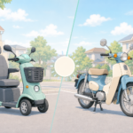 特定小型原付と一般原付（原付バイク）を並べて違いを比較するやさしいパステル調イラスト