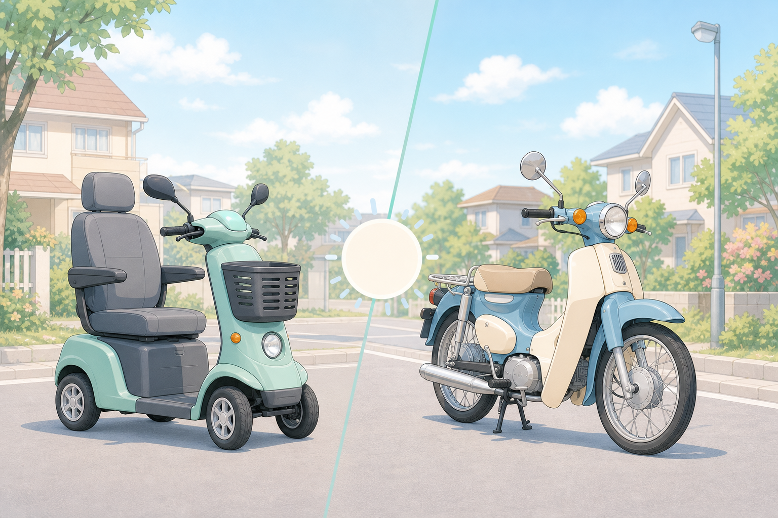 特定小型原付と一般原付（原付バイク）を並べて違いを比較するやさしいパステル調イラスト