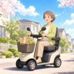 4輪の特定小型原付を公園で試乗して安定感を確かめる人物をやさしく描いたパステル調イラスト