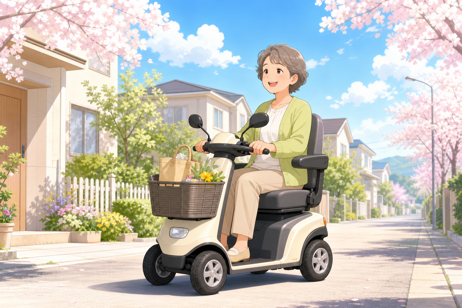 4輪の特定小型原付を公園で試乗して安定感を確かめる人物をやさしく描いたパステル調イラスト
