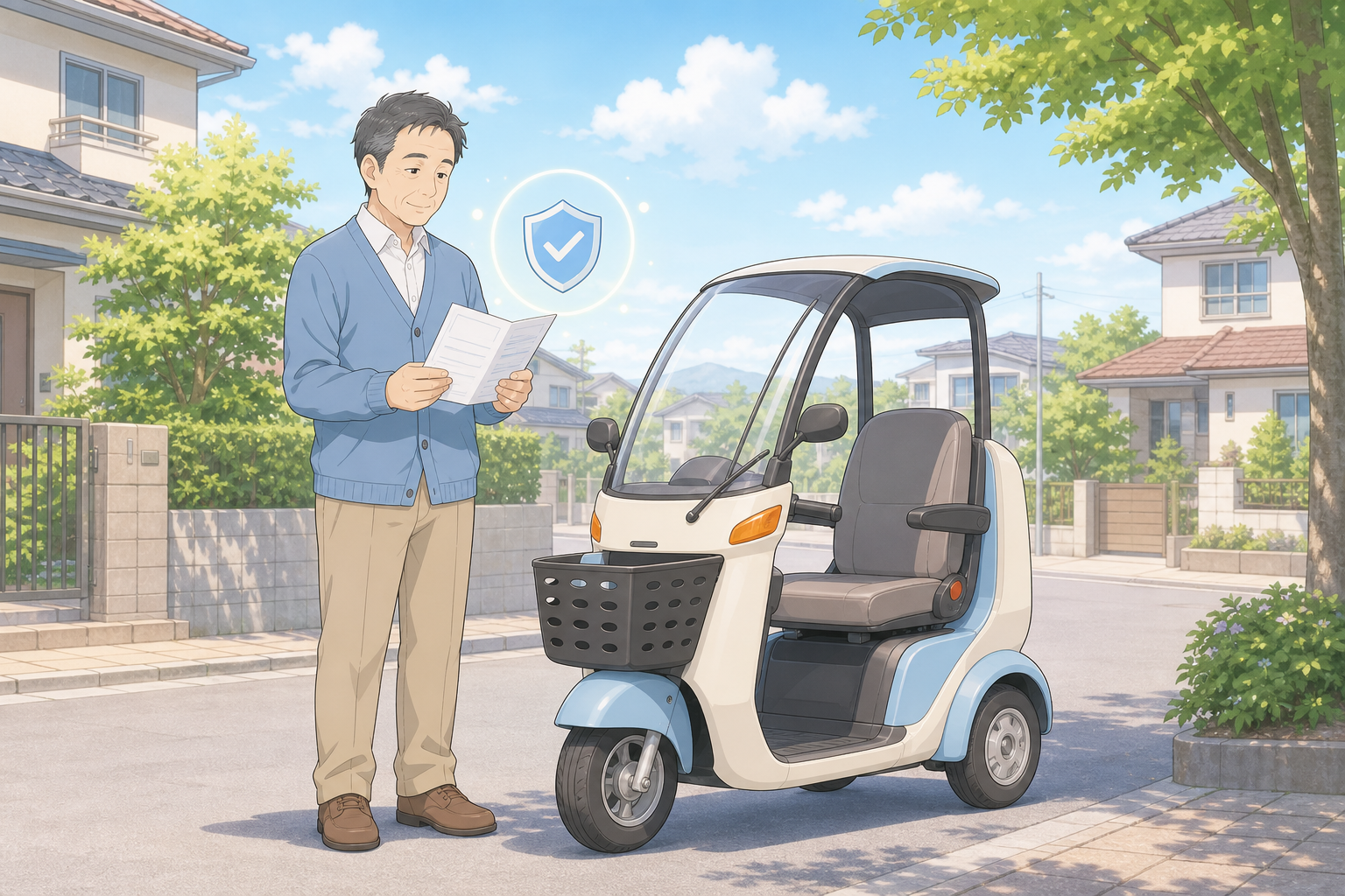 特定小型原付の横で保険証券を見ながら補償内容を確認するやさしいパステル調のイラスト