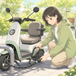 特定小型原付にU字ロックとチェーンロックで二重に施錠する人物をやさしく描いたパステル調イラスト