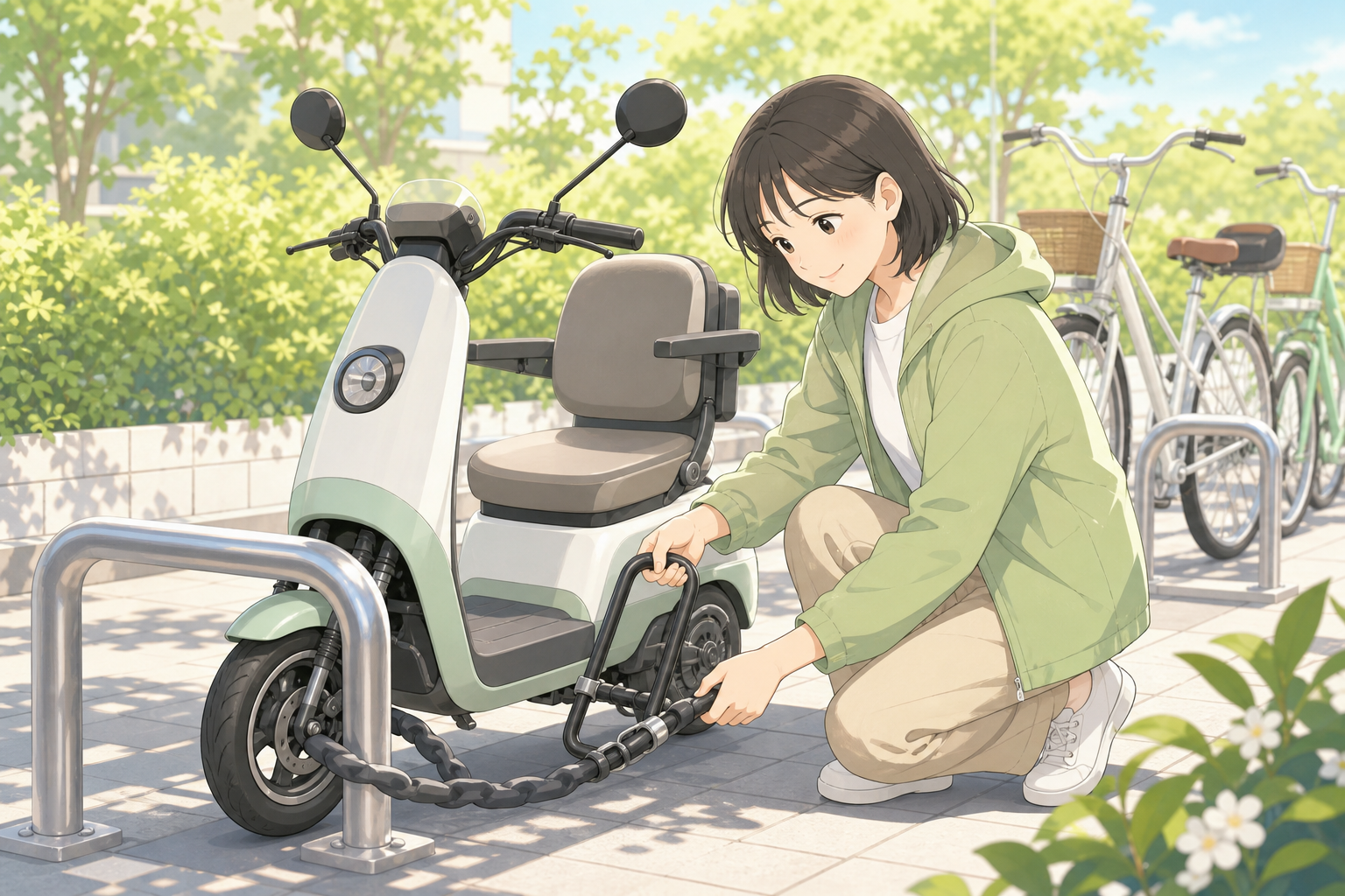 特定小型原付にU字ロックとチェーンロックで二重に施錠する人物をやさしく描いたパステル調イラスト