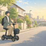 朝のやわらかな光が差す住宅街の道を、特定小型原付に乗って通勤するビジネスパーソンを描いたパステル調イラスト