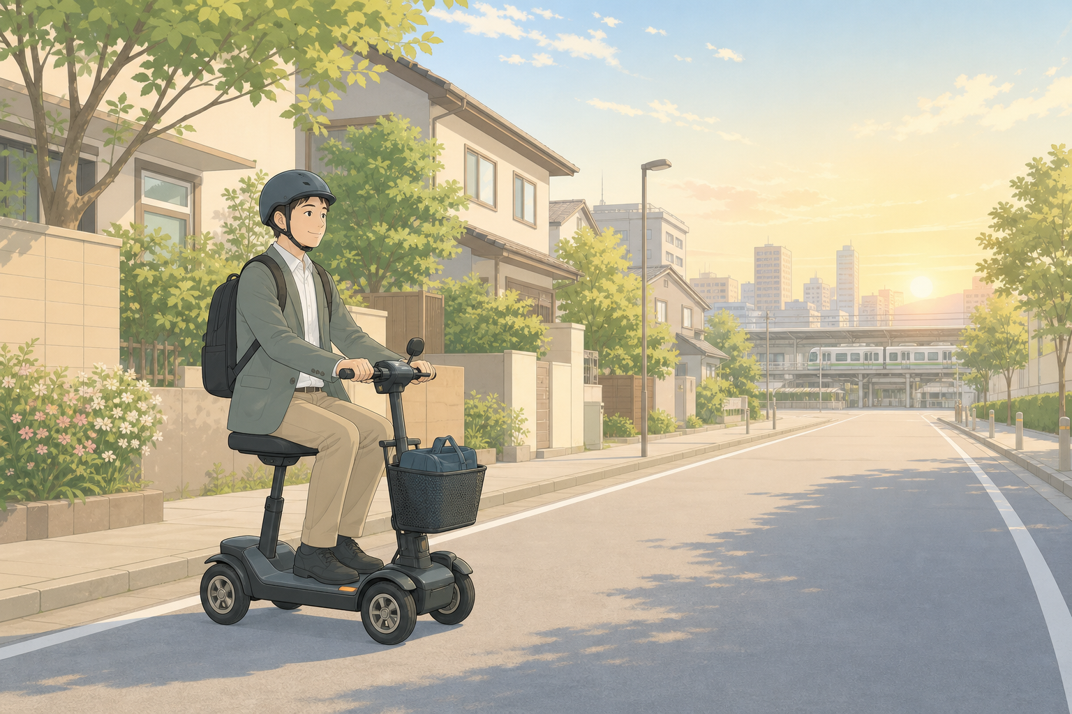 朝のやわらかな光が差す住宅街の道を、特定小型原付に乗って通勤するビジネスパーソンを描いたパステル調イラスト