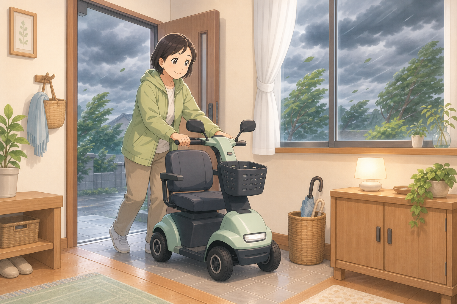 台風の強風の中、特定小型原付を屋内に運び入れて避難させる人物をやさしく描いたパステル調イラスト