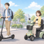 立ち乗り型の電動キックボードと着座型の電動モビリティが並んでいるやさしいパステル調イラスト
