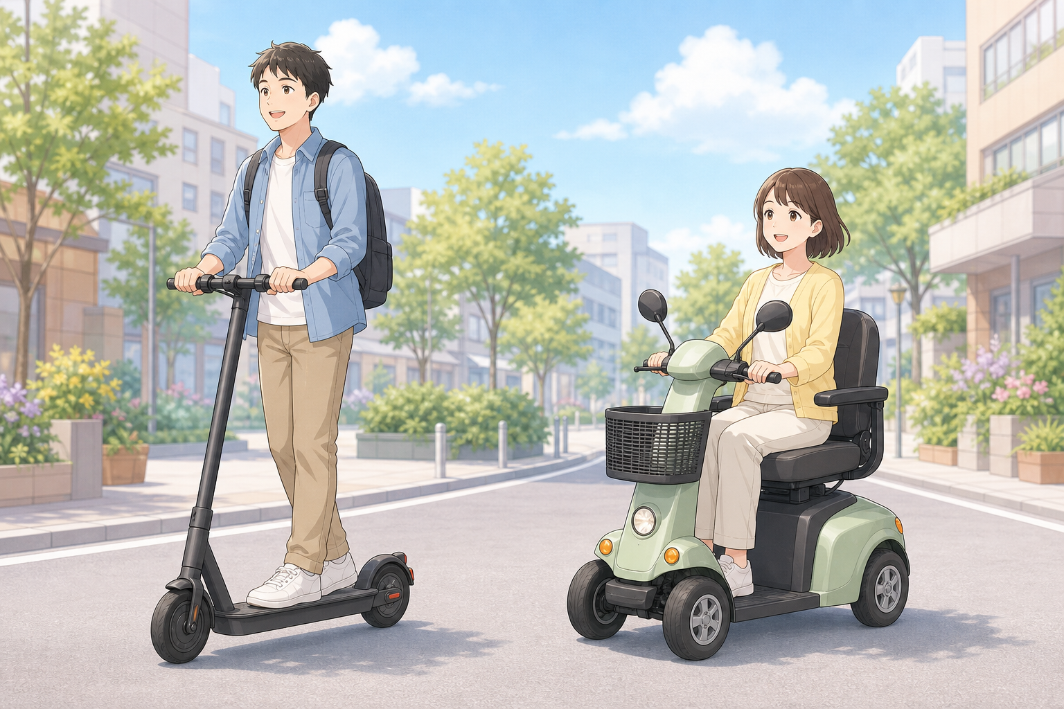立ち乗り型の電動キックボードと着座型の電動モビリティが並んでいるやさしいパステル調イラスト