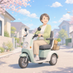 3輪の特定小型原付を住宅街で試乗して安定感を確かめる人物をやさしく描いたパステル調イラスト