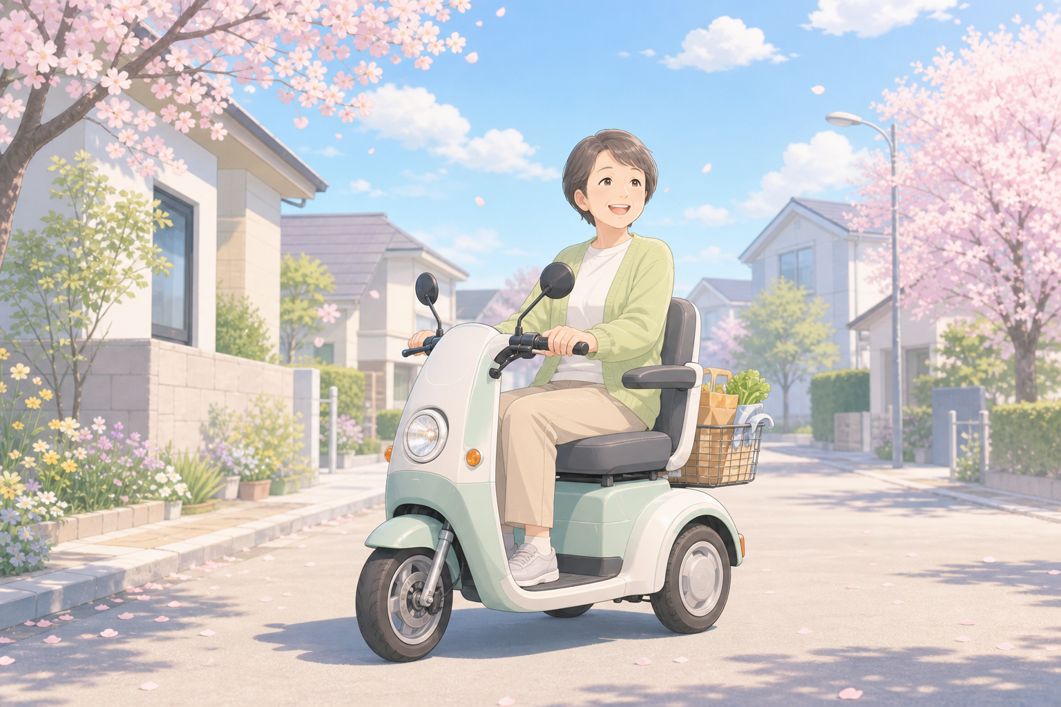 3輪の特定小型原付を住宅街で試乗して安定感を確かめる人物をやさしく描いたパステル調イラスト
